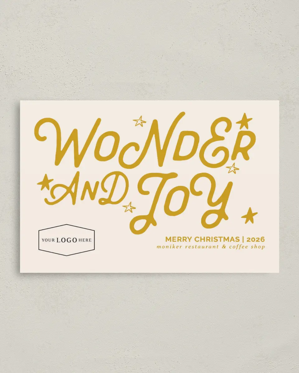 This is a 4.8" x 6.8" Folded Christmas Card called Wonder & Joy printed in full color