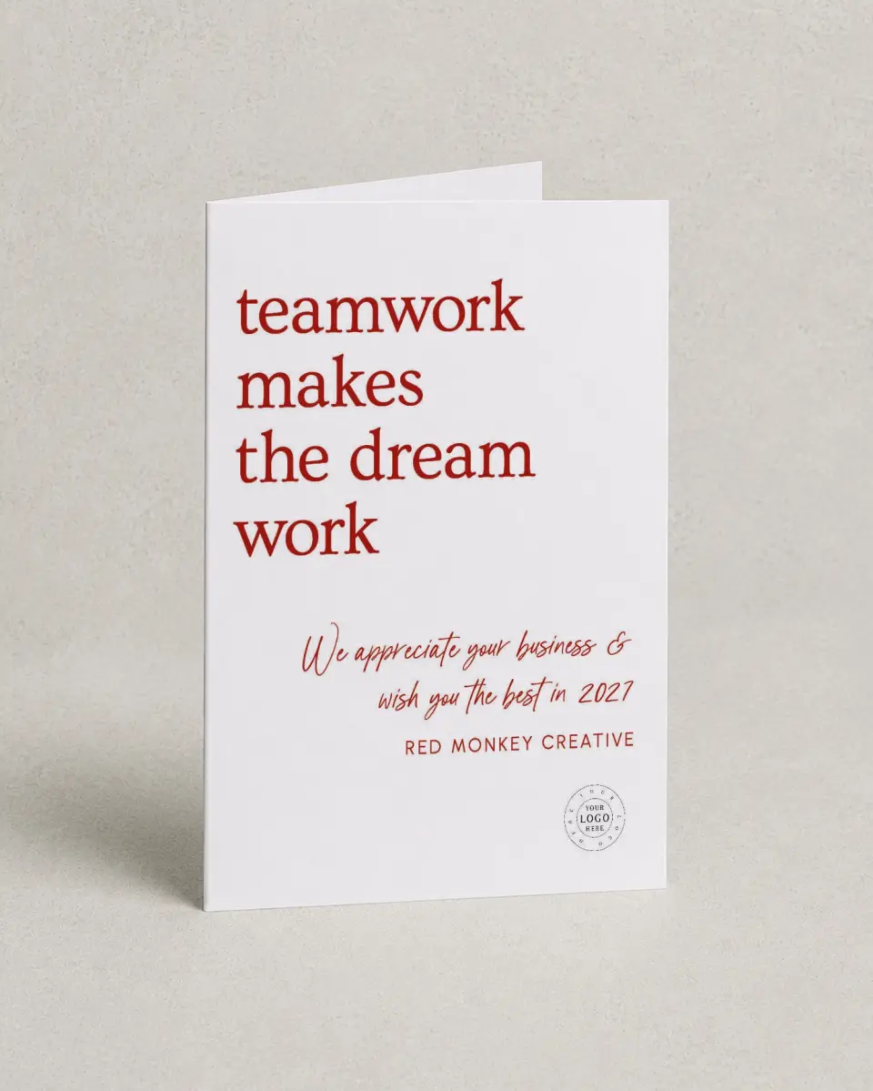 This is a 4.8" x 6.8" Folded Christmas Card called Teamwork Dream Work printed in full color with Silver foil