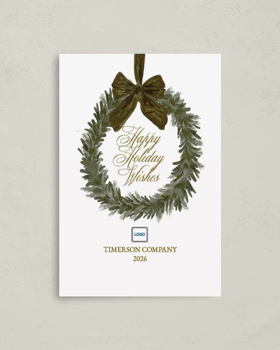 This is a 4.8" x 6.8" Folded Christmas Card called Company Wreath printed in full color