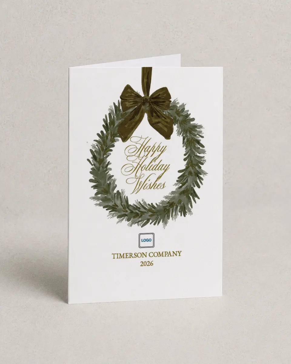 This is a 4.8" x 6.8" Folded Christmas Card called Company Wreath printed in full color with Gold foil