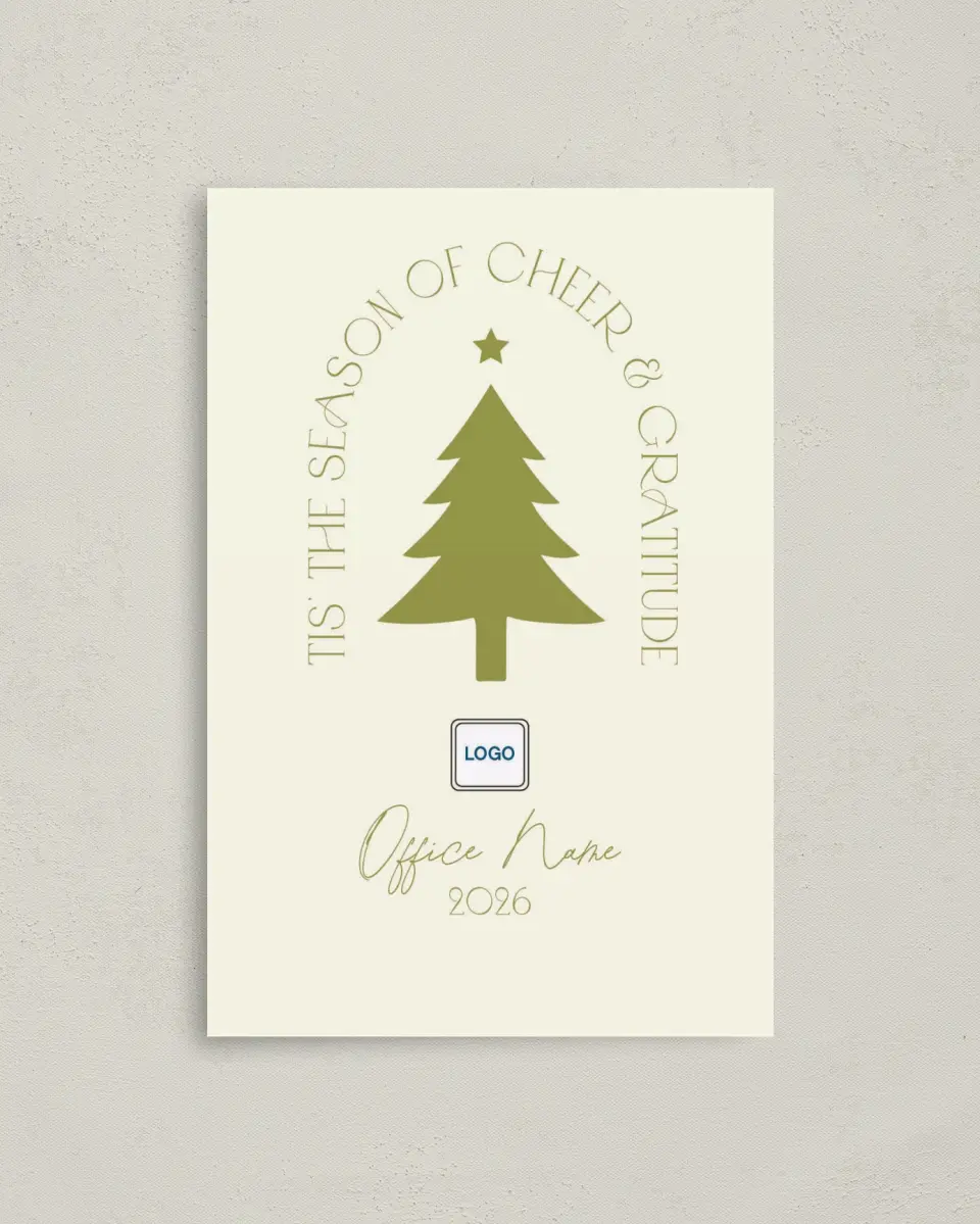 This is a 4.8" x 6.8" Folded Christmas Card called Cheer & Gratitude printed in full color