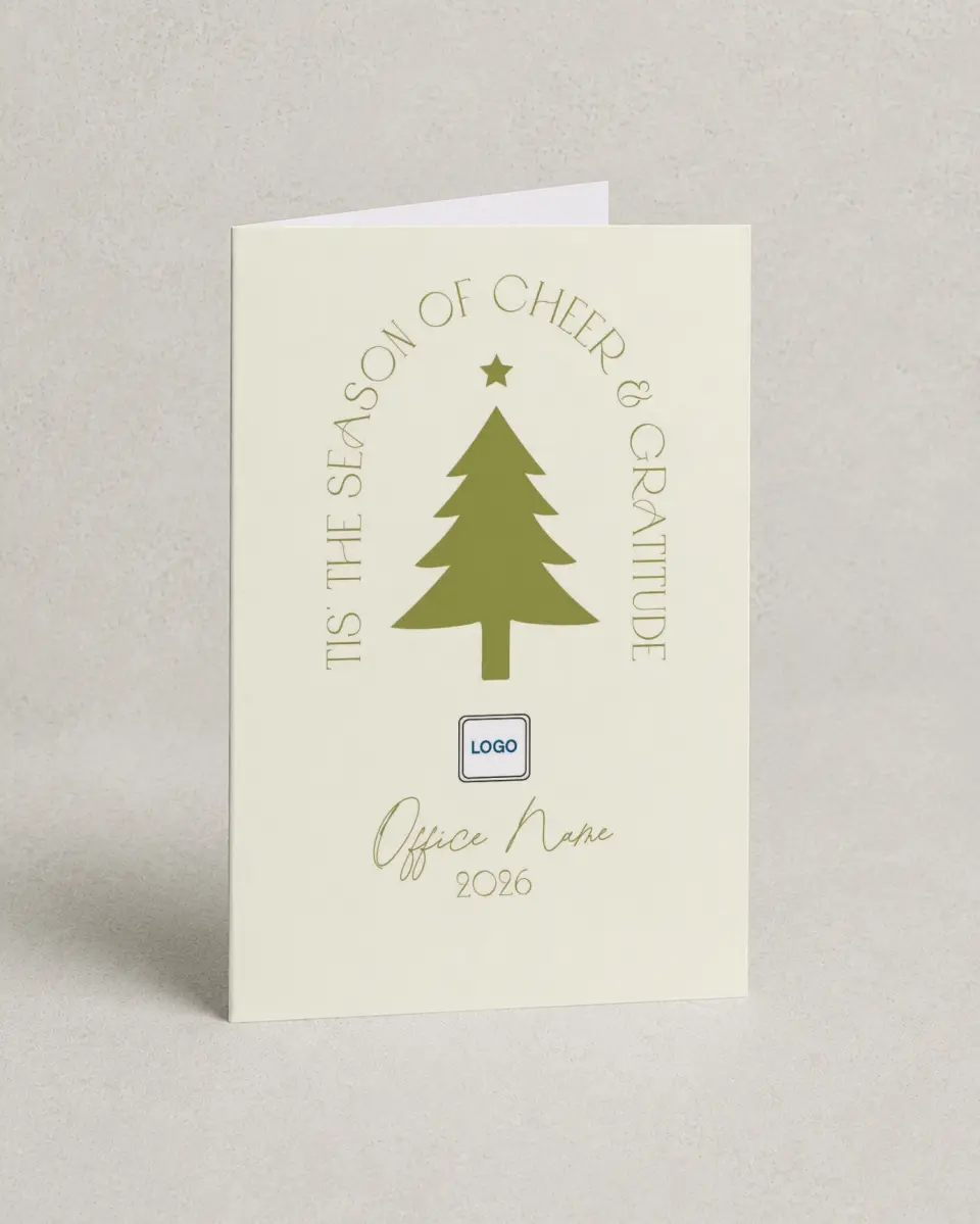 This is a 4.8" x 6.8" Folded Christmas Card called Cheer & Gratitude printed in full color with Silver foil
