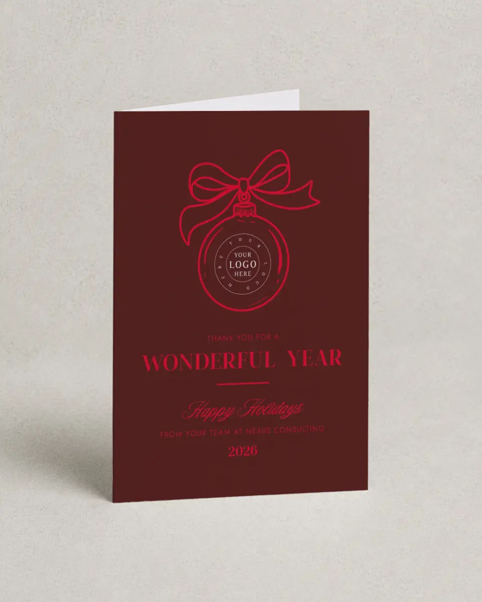 This is a 4.8" x 6.8" Folded Christmas Card called Signature Ornament printed in full color with Rose Gold foil