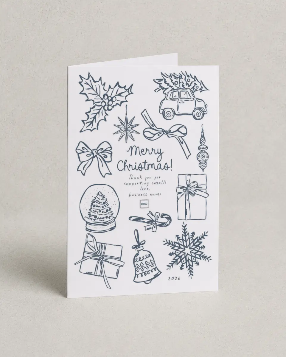 This is a 4.8" x 6.8" Folded Christmas Card called Small Business printed in full color with Rose Gold foil