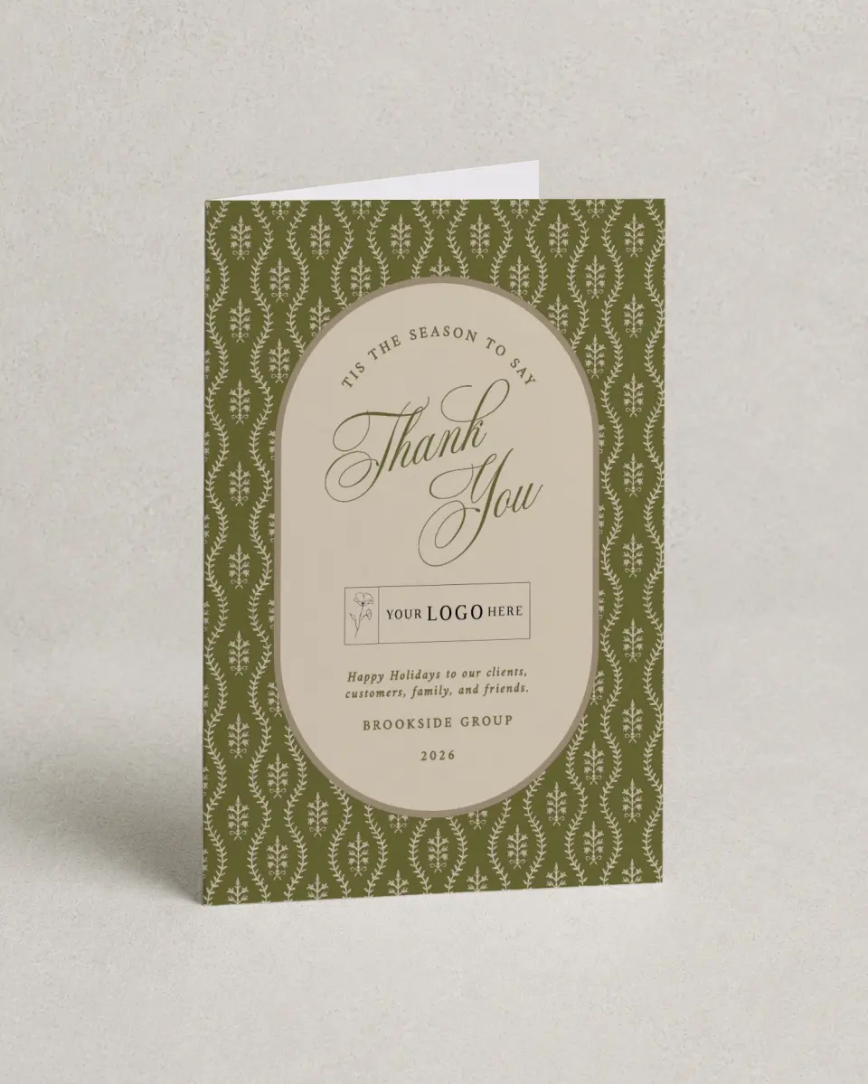 This is a 4.8" x 6.8" Folded Christmas Card called Grateful Season printed in full color with Silver foil