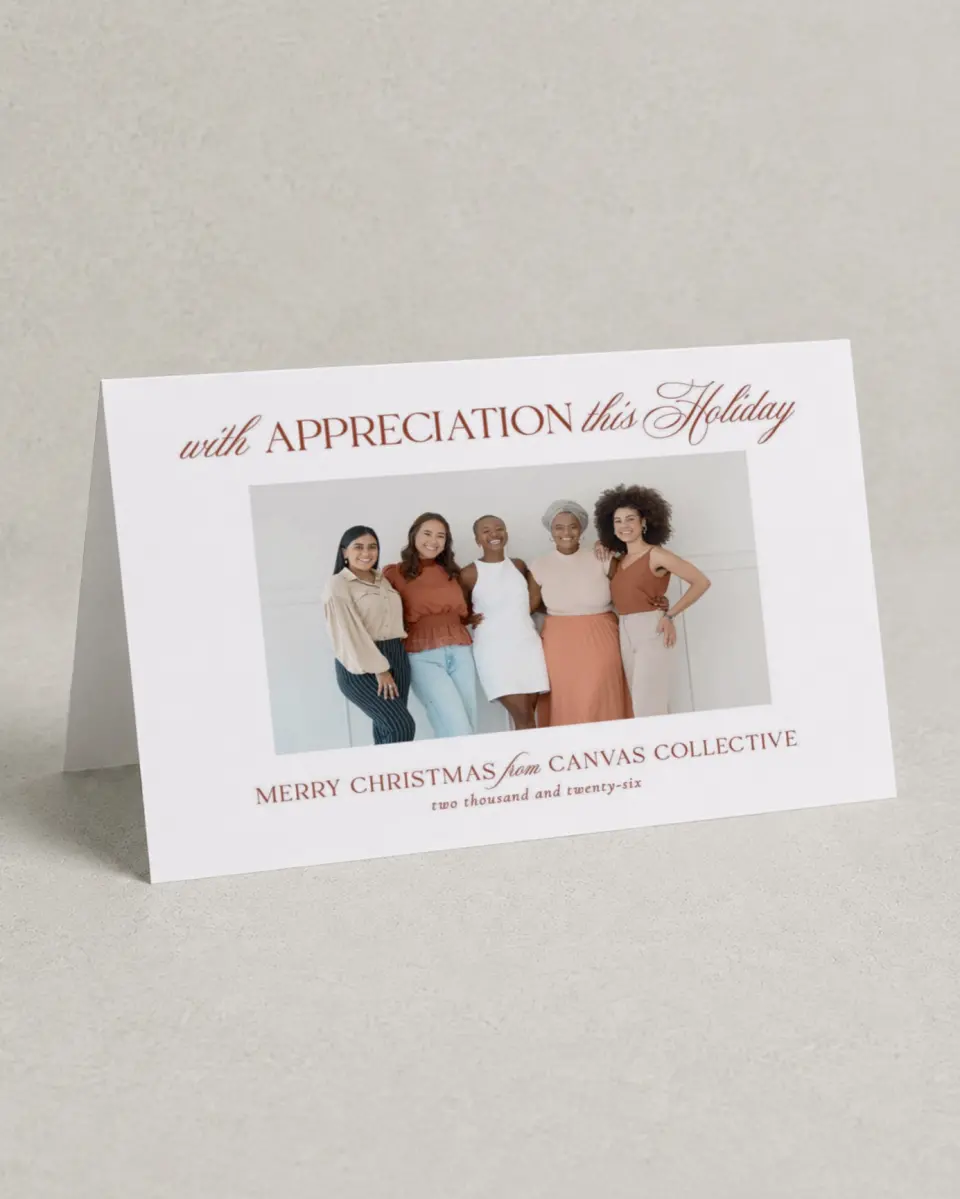 This is a 4.8" x 6.8" Folded Christmas Card called Holiday Appreciation printed in full color with Silver foil