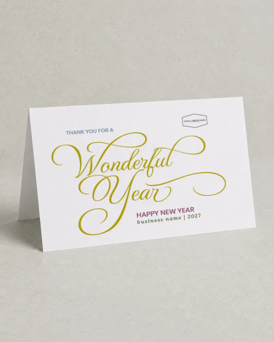This is a 4.8" x 6.8" Folded Christmas Card called A Wonderful Year printed in full color