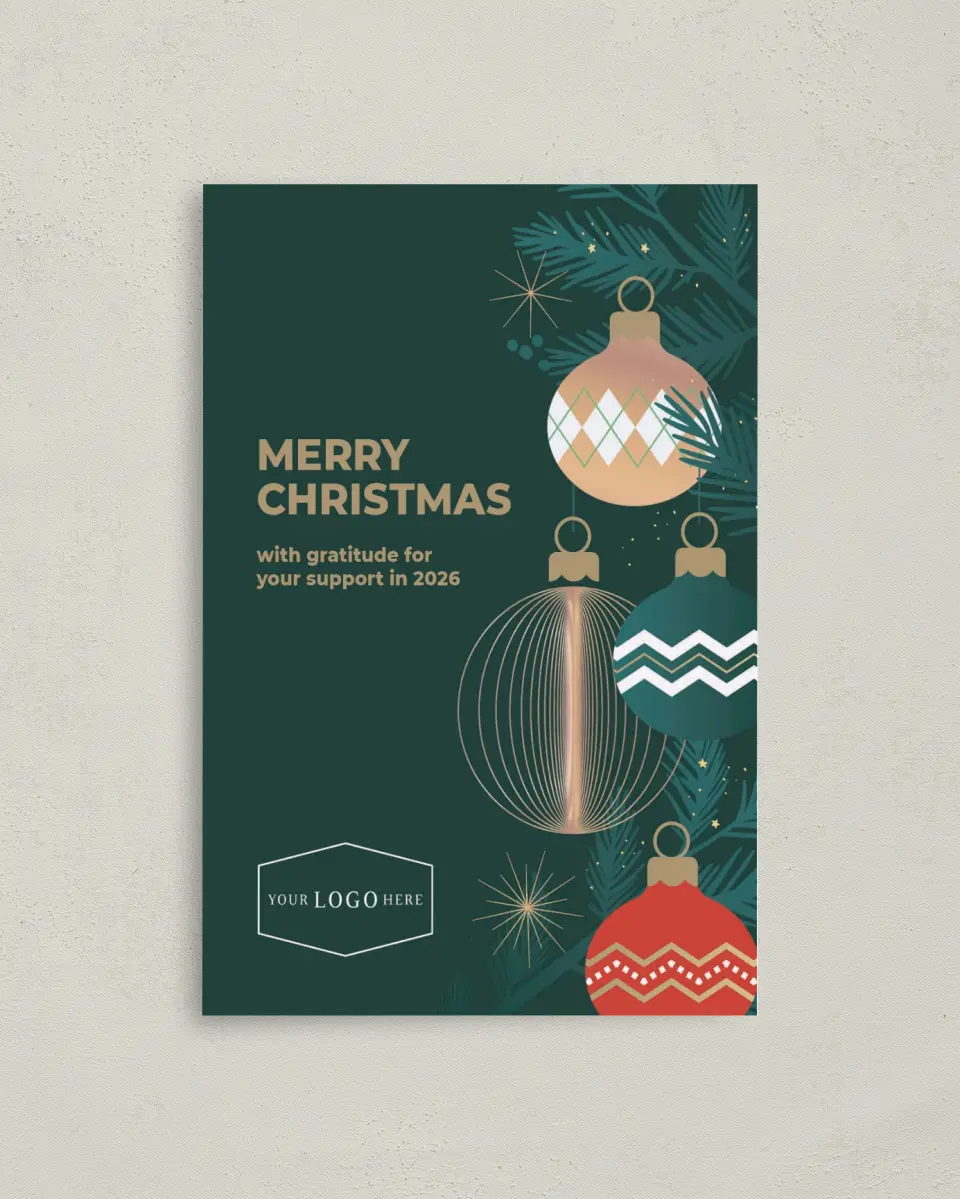 This is a 4.8" x 6.8" Folded Christmas Card called Ornament Glow printed in full color