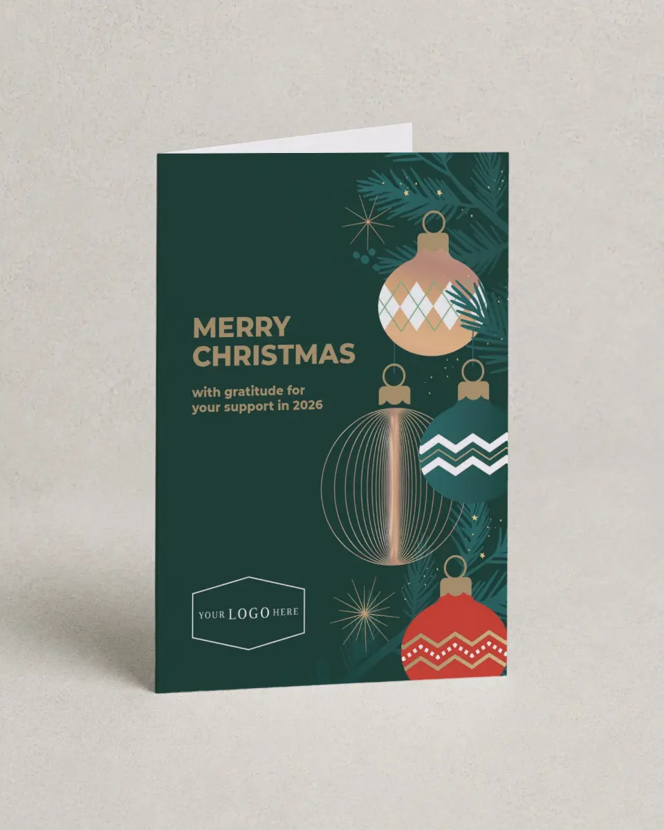 This is a 4.8" x 6.8" Folded Christmas Card called Ornament Glow printed in full color with Rose Gold foil
