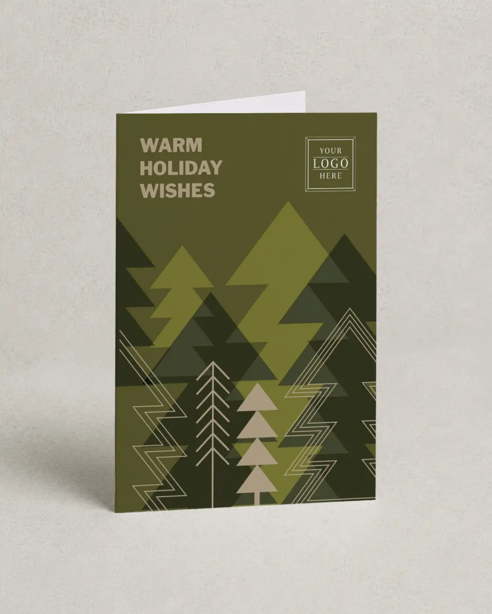 This is a 4.8" x 6.8" Folded Christmas Card called Evergreen Angles printed in full color with Silver foil