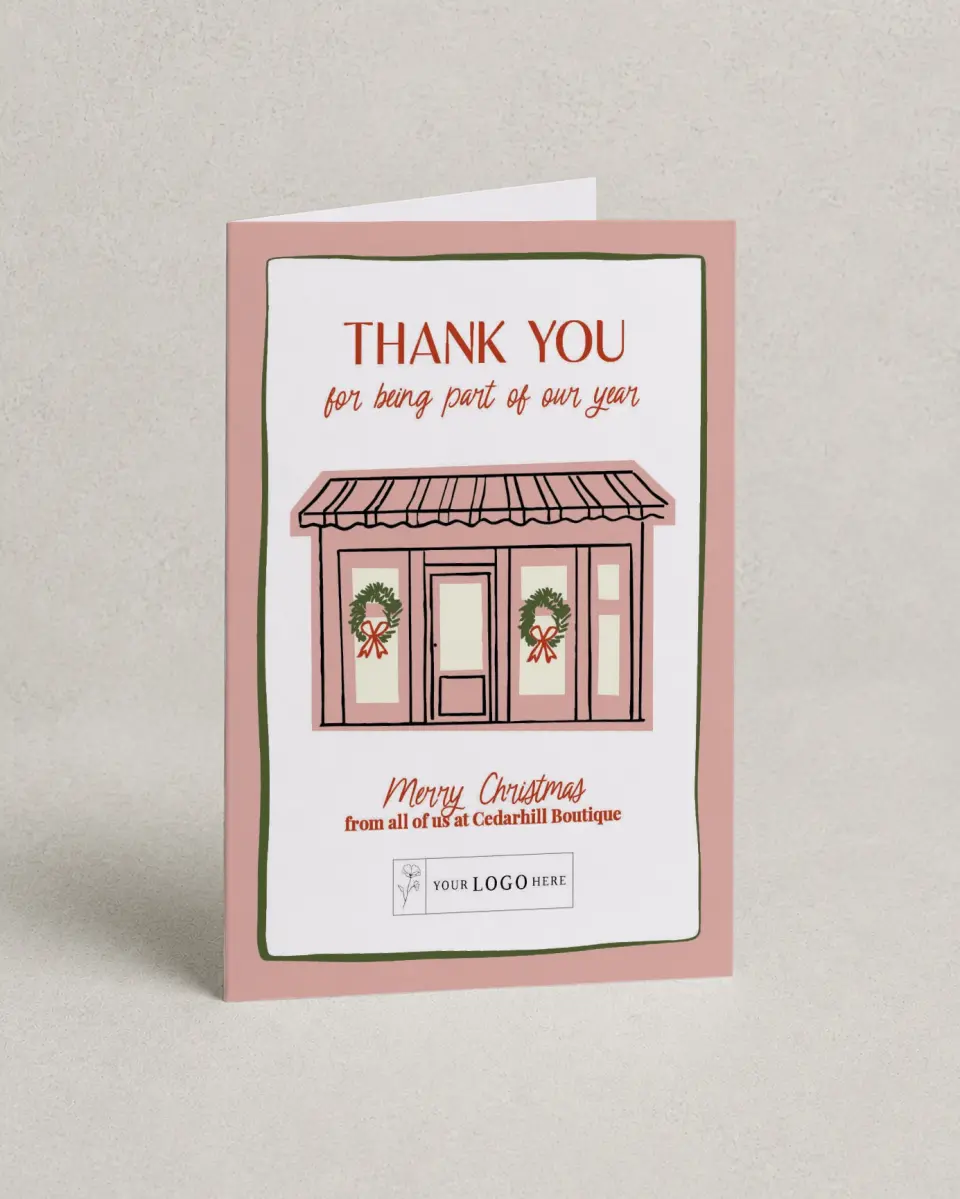 This is a 4.8" x 6.8" Folded Christmas Card called Storefront Spirit printed in full color with Gold foil