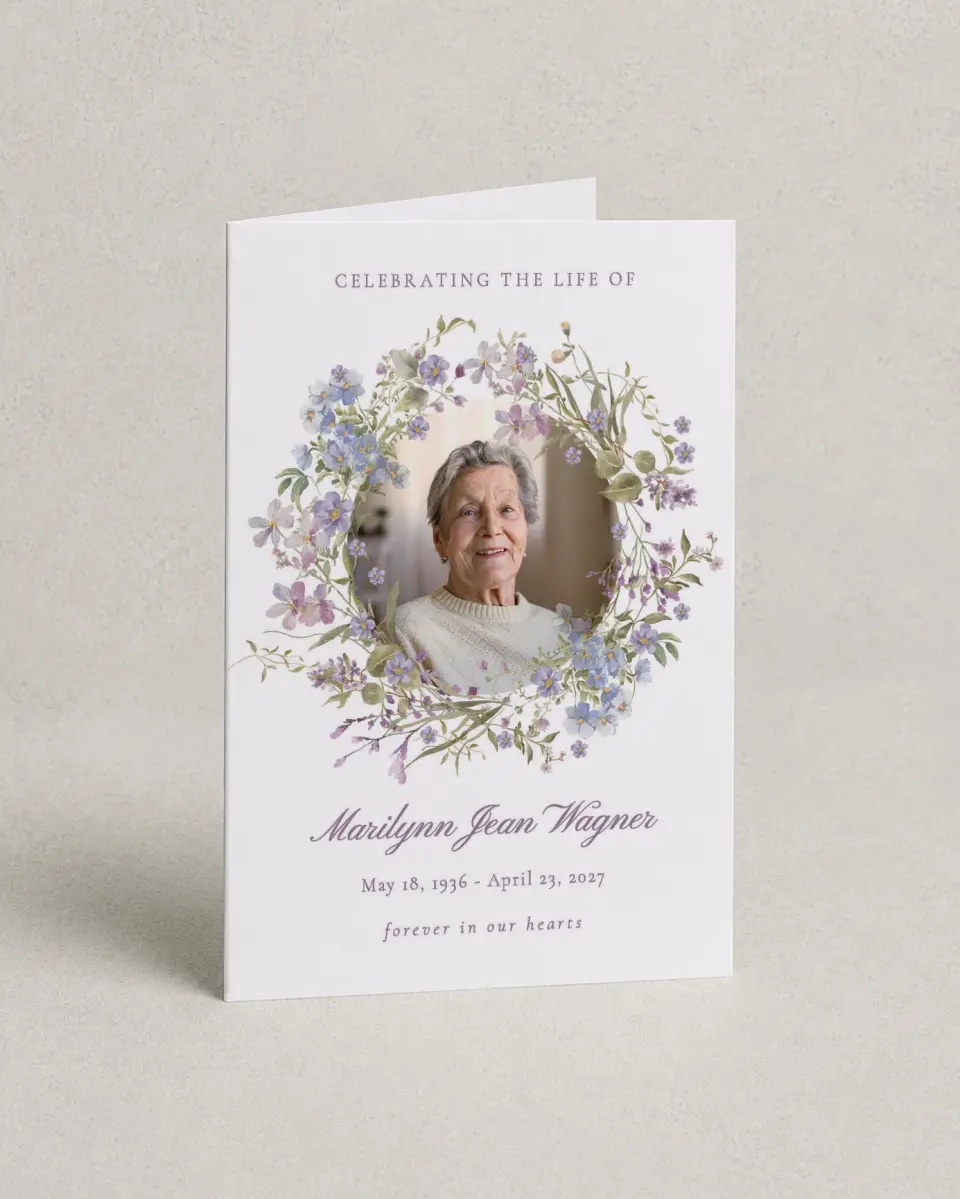 This is a 4.8" x 6.8" Folded Funeral Program called Forever Blooming printed in full color