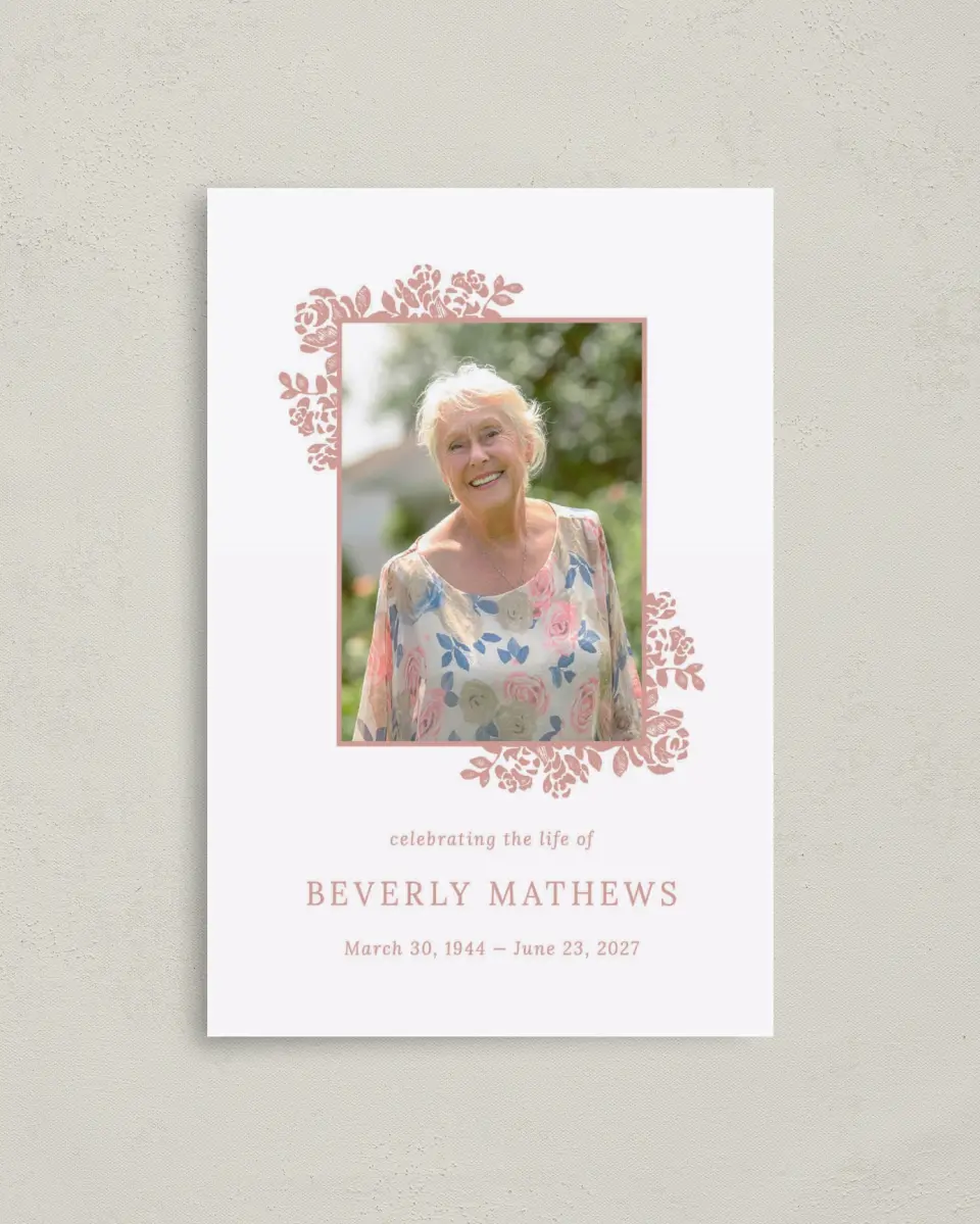 This is a 4.8" x 6.8" Folded Funeral Program called Beloved Blooms printed in full color