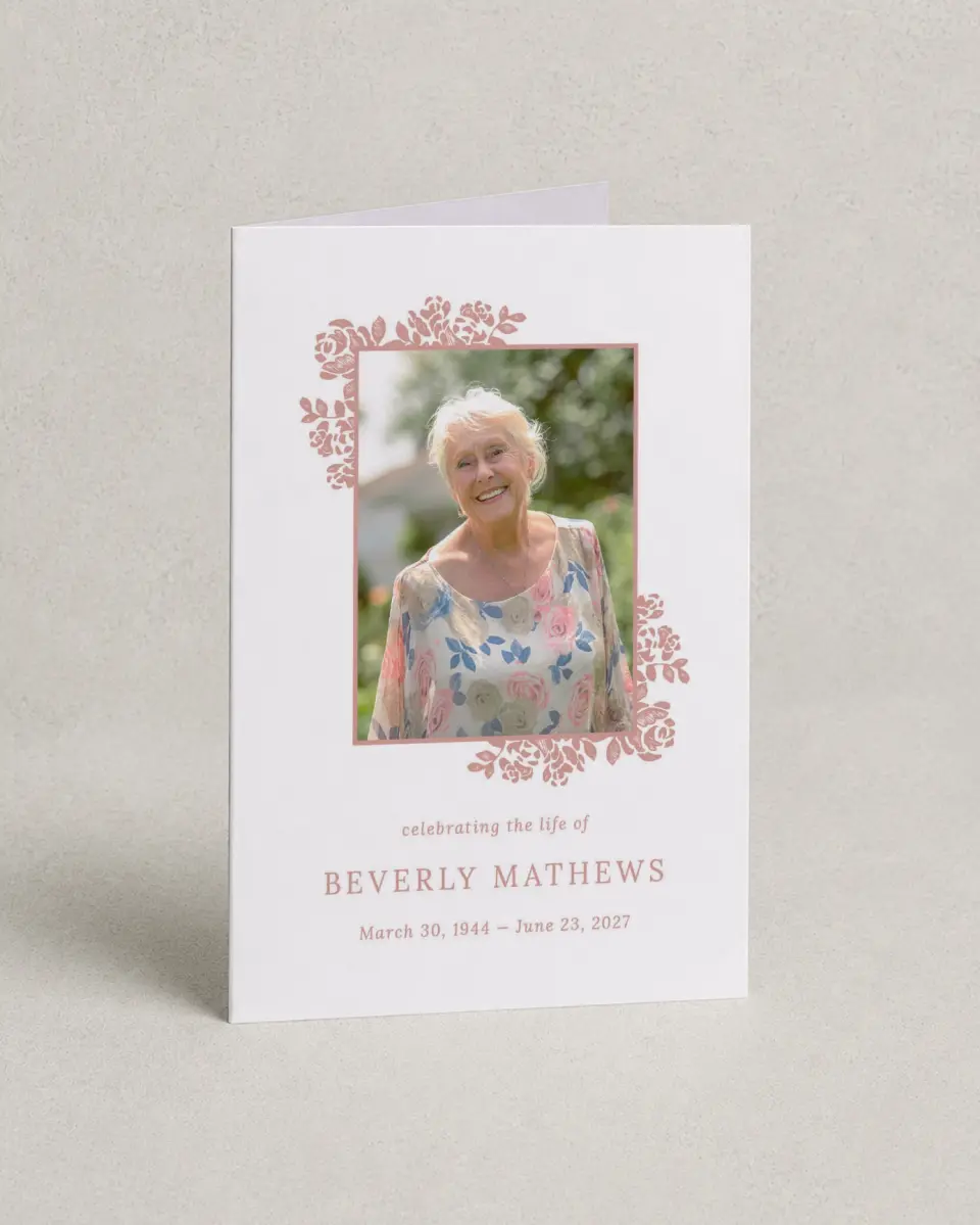 This is a 4.8" x 6.8" Folded Funeral Program called Beloved Blooms printed in full color
