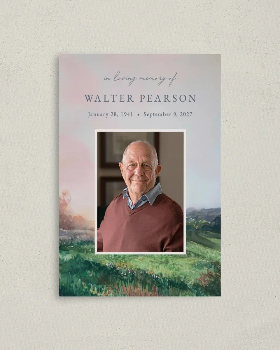 This is a 4.8" x 6.8" Folded Funeral Program called Peaceful Horizon printed in full color