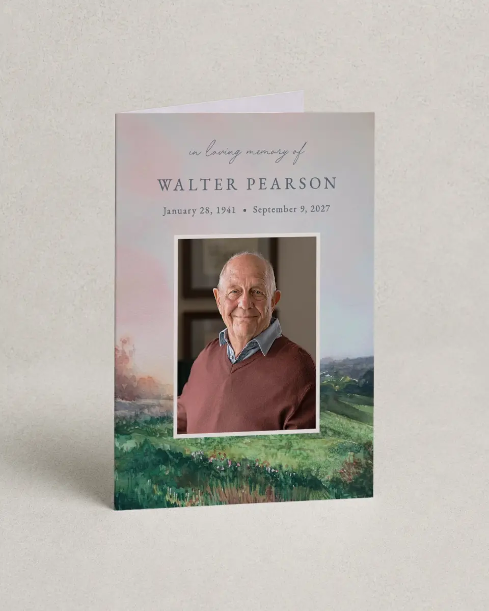This is a 4.8" x 6.8" Folded Funeral Program called Peaceful Horizon printed in full color with Silver foil
