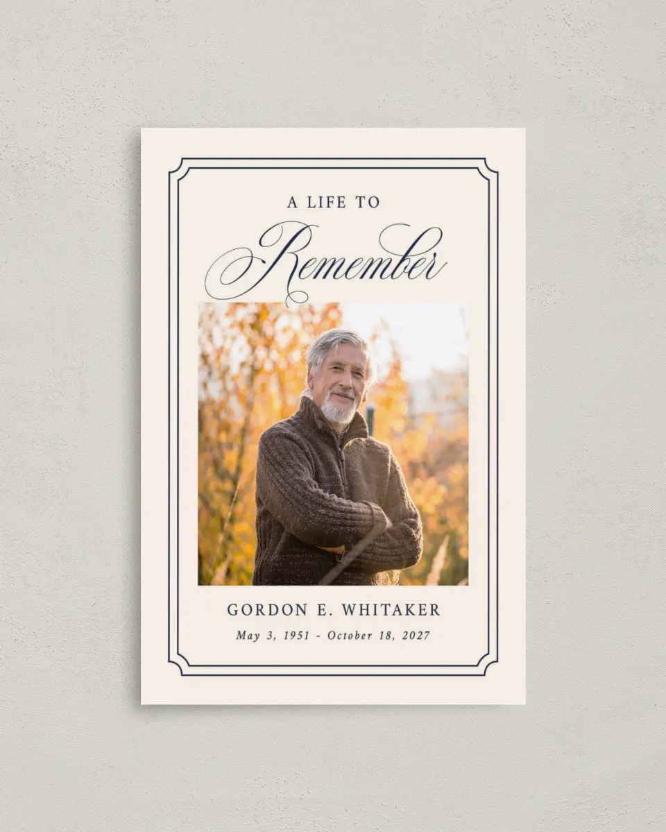 This is a 4.8" x 6.8" Folded Funeral Program called Framed Remembrance printed in full color
