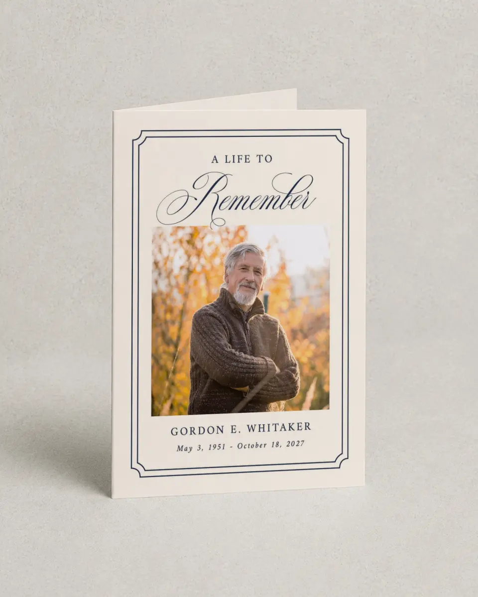 This is a 4.8" x 6.8" Folded Funeral Program called Framed Remembrance printed in full color with Silver foil