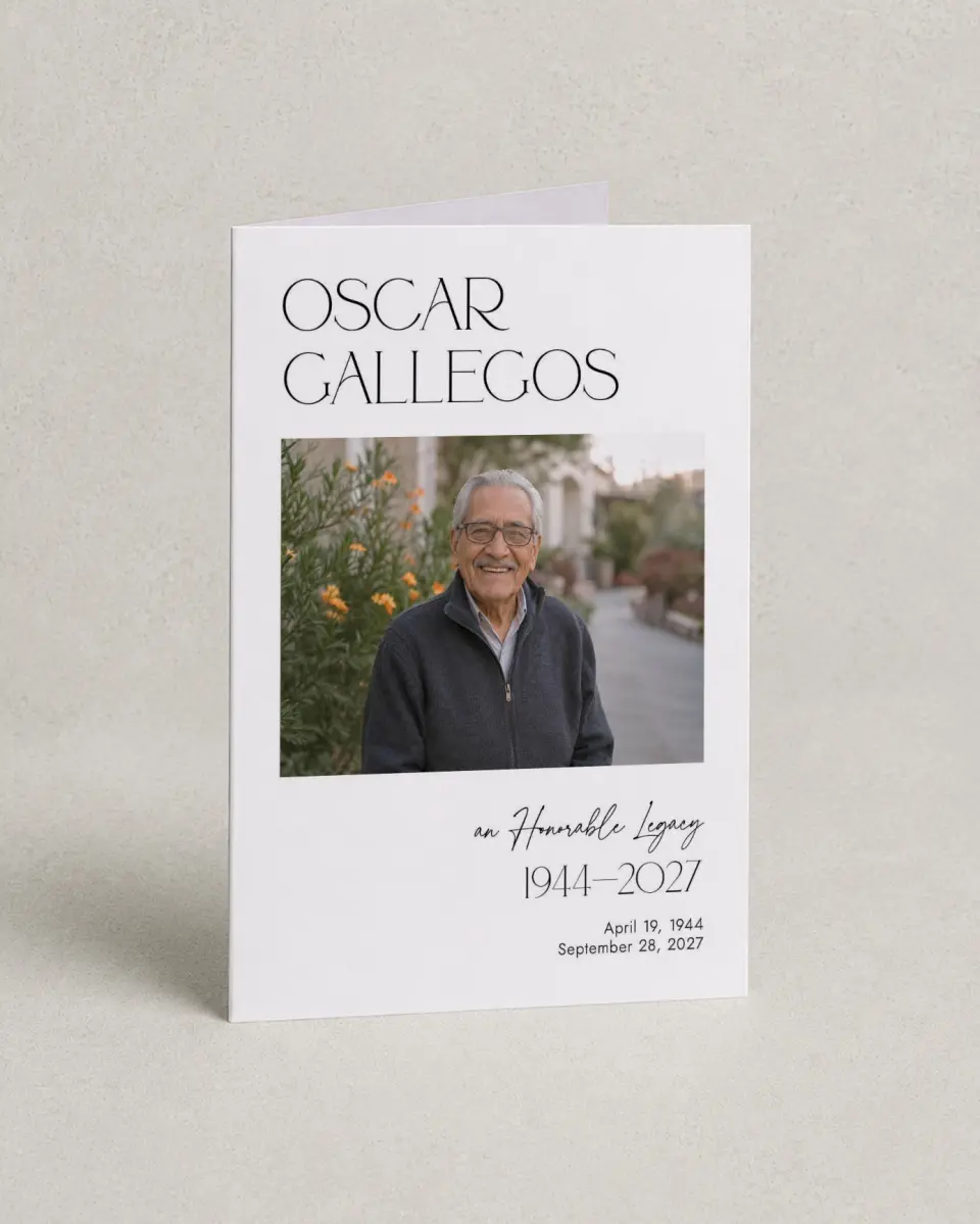 This is a 4.8" x 6.8" Folded Funeral Program called Honorable Life printed in full color