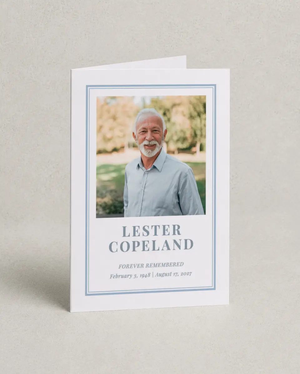 This is a 4.8" x 6.8" Folded Funeral Program called Forever in Frame printed in full color with Silver foil