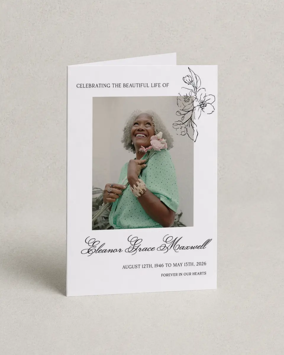 This is a 4.8" x 6.8" Folded Funeral Program called Peaceful Petals printed in full color