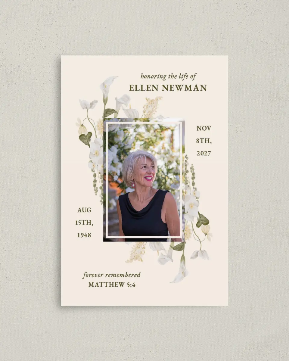 This is a 4.8" x 6.8" Folded Funeral Program called Lovely Lilies printed in full color