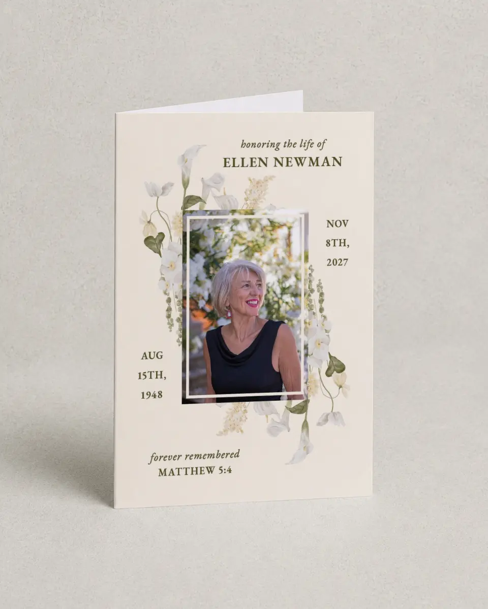 This is a 4.8" x 6.8" Folded Funeral Program called Lovely Lilies printed in full color