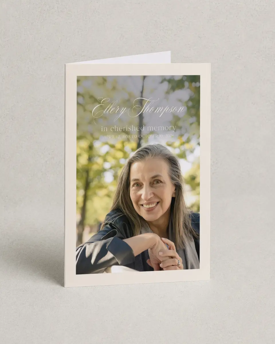 This is a 4.8" x 6.8" Folded Funeral Program called New Light printed in full color with Silver foil