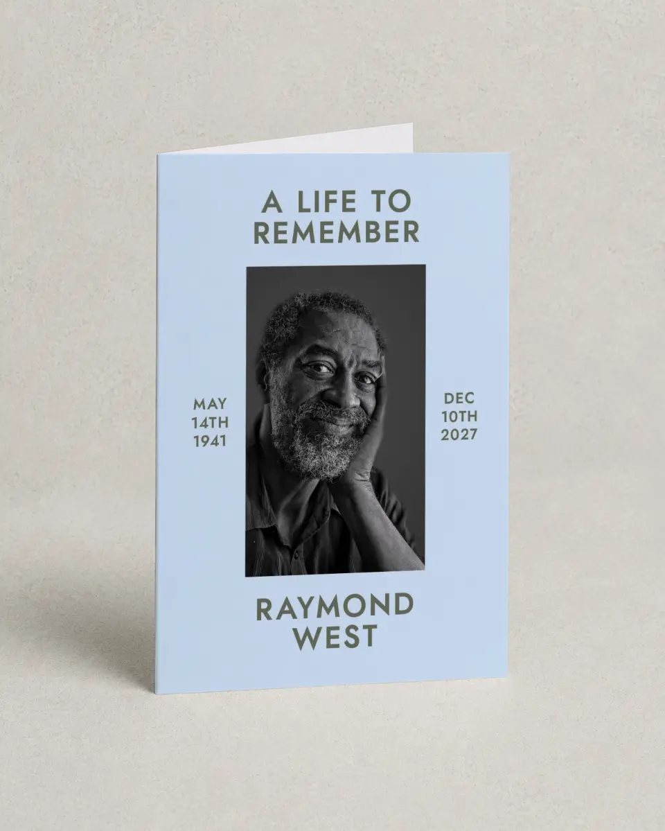 This is a 4.8" x 6.8" Folded Funeral Program called Typed Memories printed in full color with Silver foil