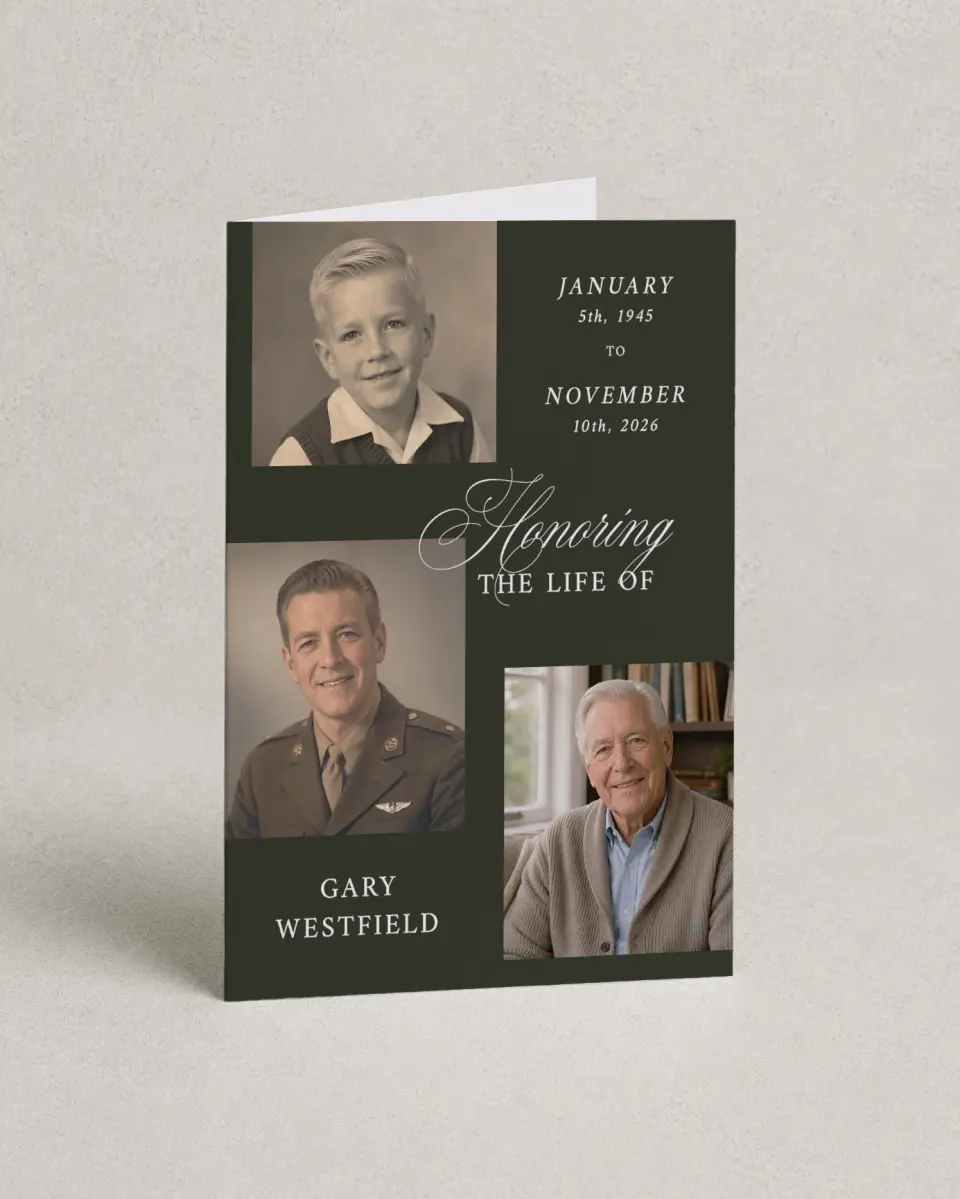 This is a 4.8" x 6.8" Folded Funeral Program called Leaving a Legacy printed in full color with Silver foil