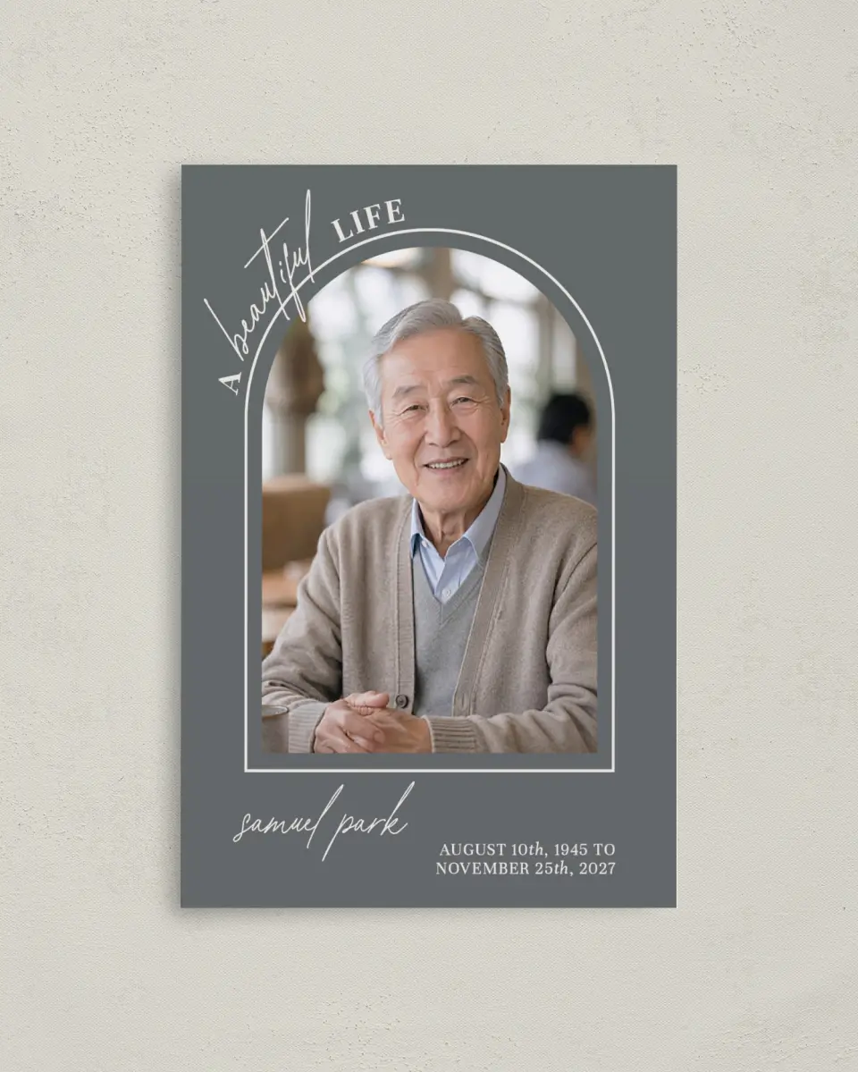 This is a 4.8" x 6.8" Folded Funeral Program called Remembered Forever printed in full color