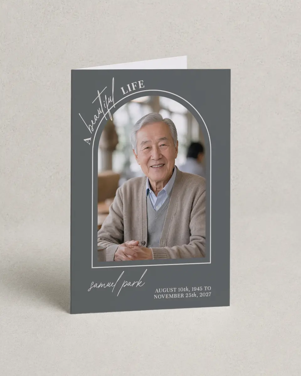 This is a 4.8" x 6.8" Folded Funeral Program called Remembered Forever printed in full color