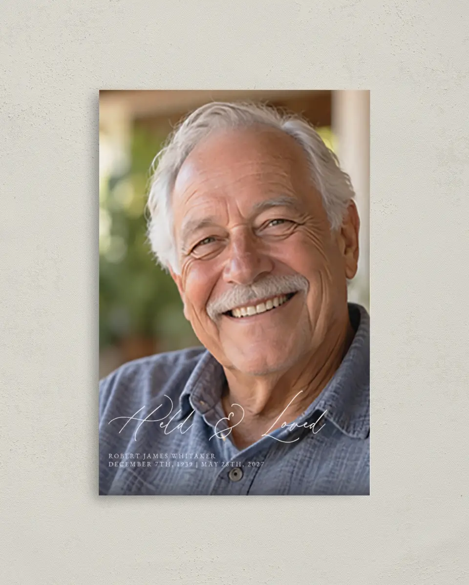 This is a 4.8" x 6.8" Folded Funeral Program called Held & Loved printed in full color