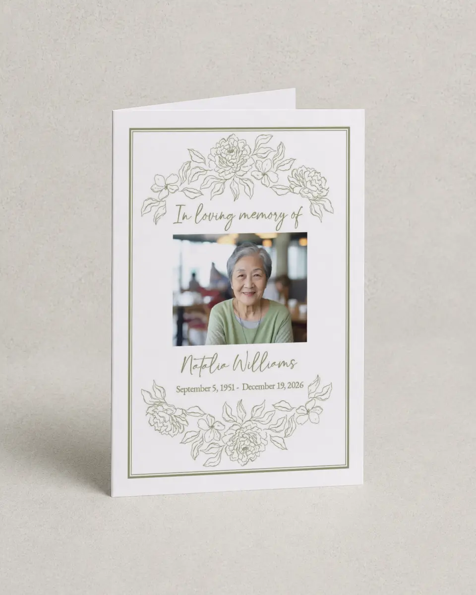 This is a 4.8" x 6.8" Folded Funeral Program called Forever Flourishing printed in full color