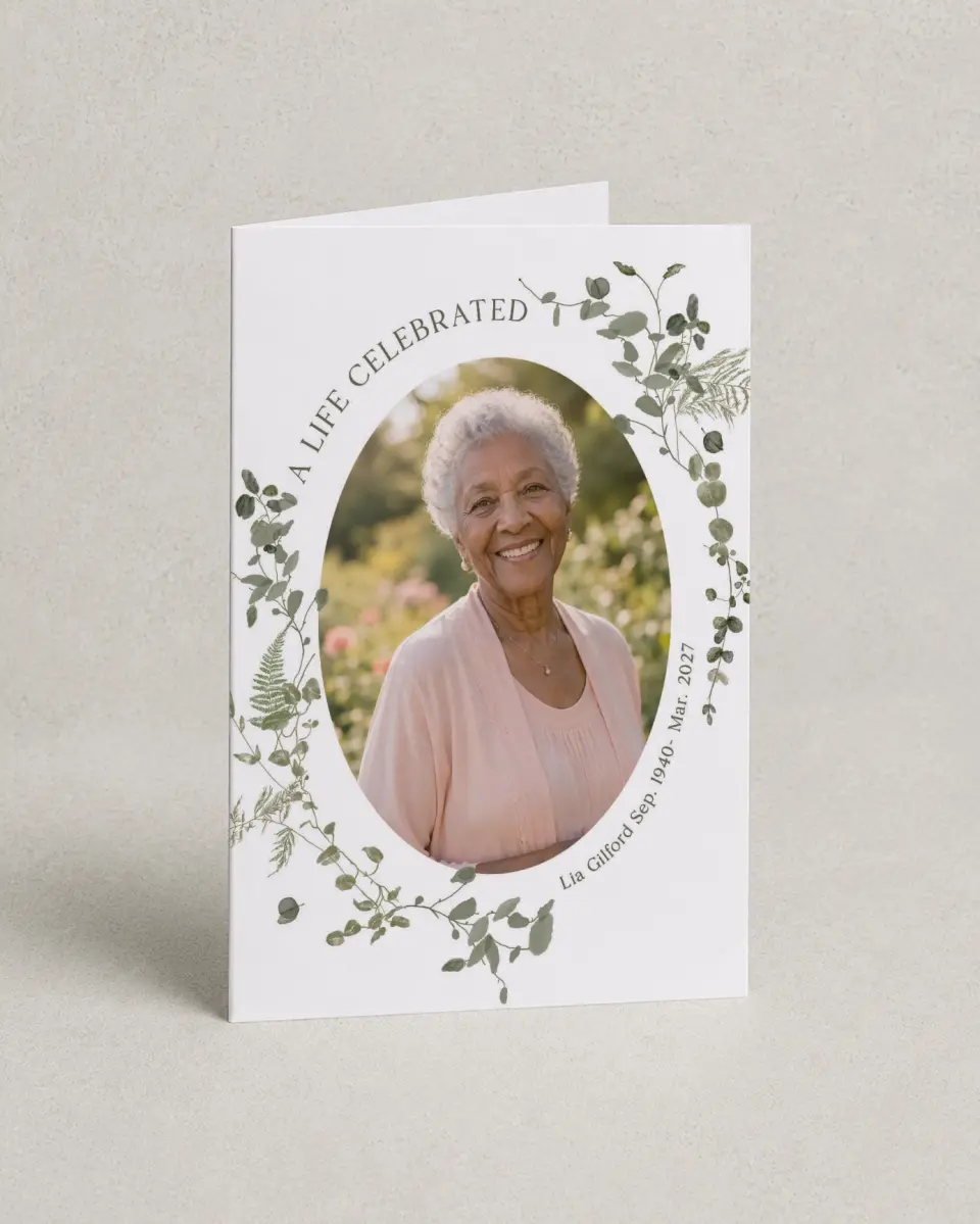 This is a 4.8" x 6.8" Folded Funeral Program called Life Legacy printed in full color