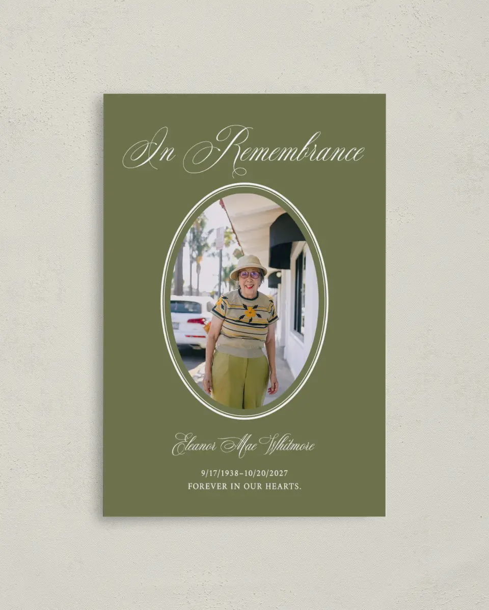 This is a 4.8" x 6.8" Folded Funeral Program called In Remembrance printed in full color