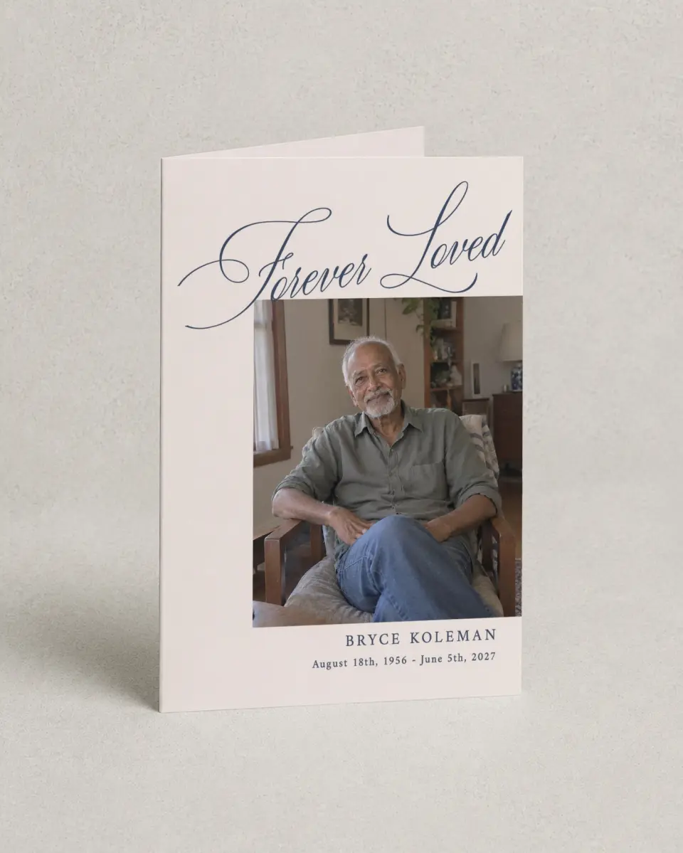 This is a 4.8" x 6.8" Folded Funeral Program called Forever Loved printed in full color