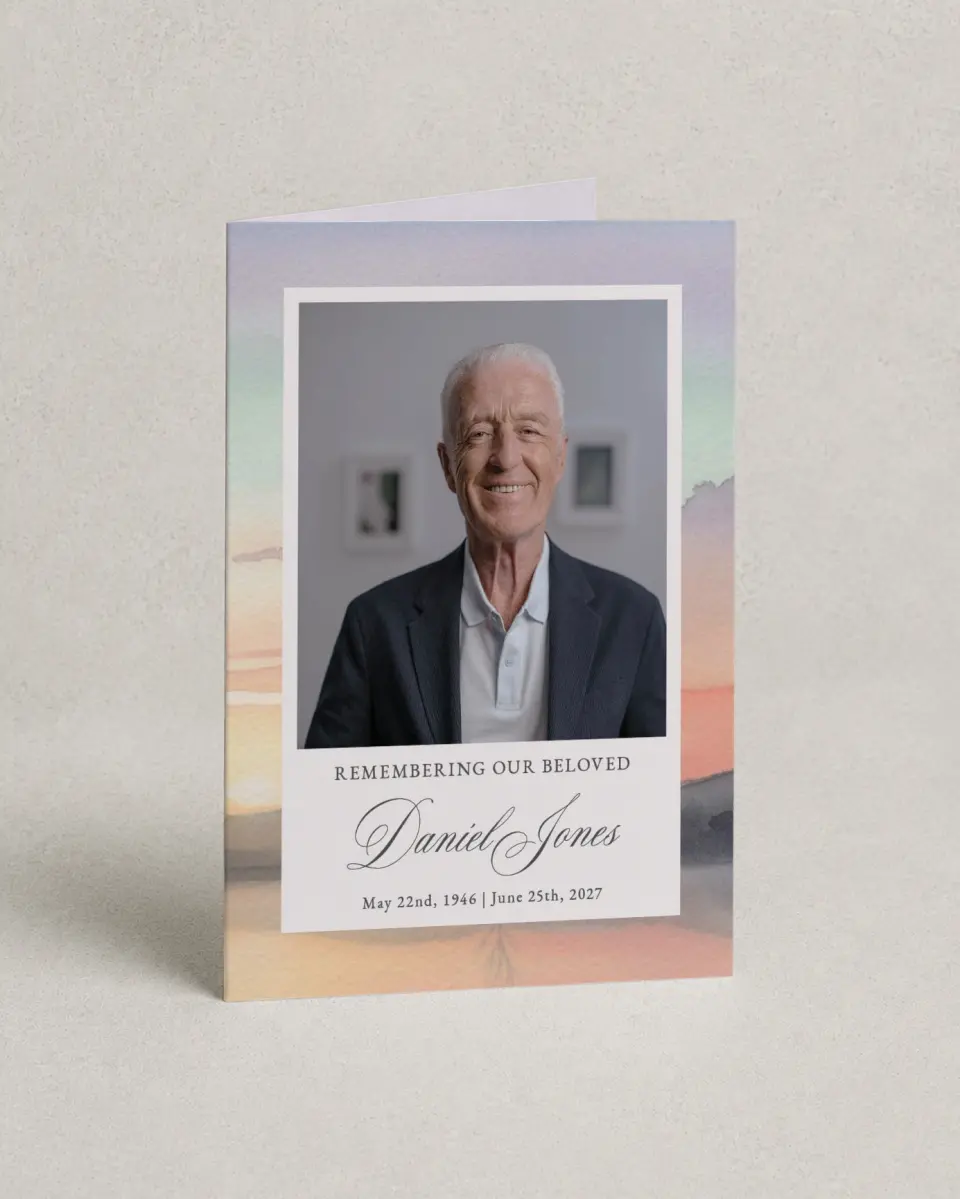 This is a 4.8" x 6.8" Folded Funeral Program called Our Beloved printed in full color with Rose Gold foil
