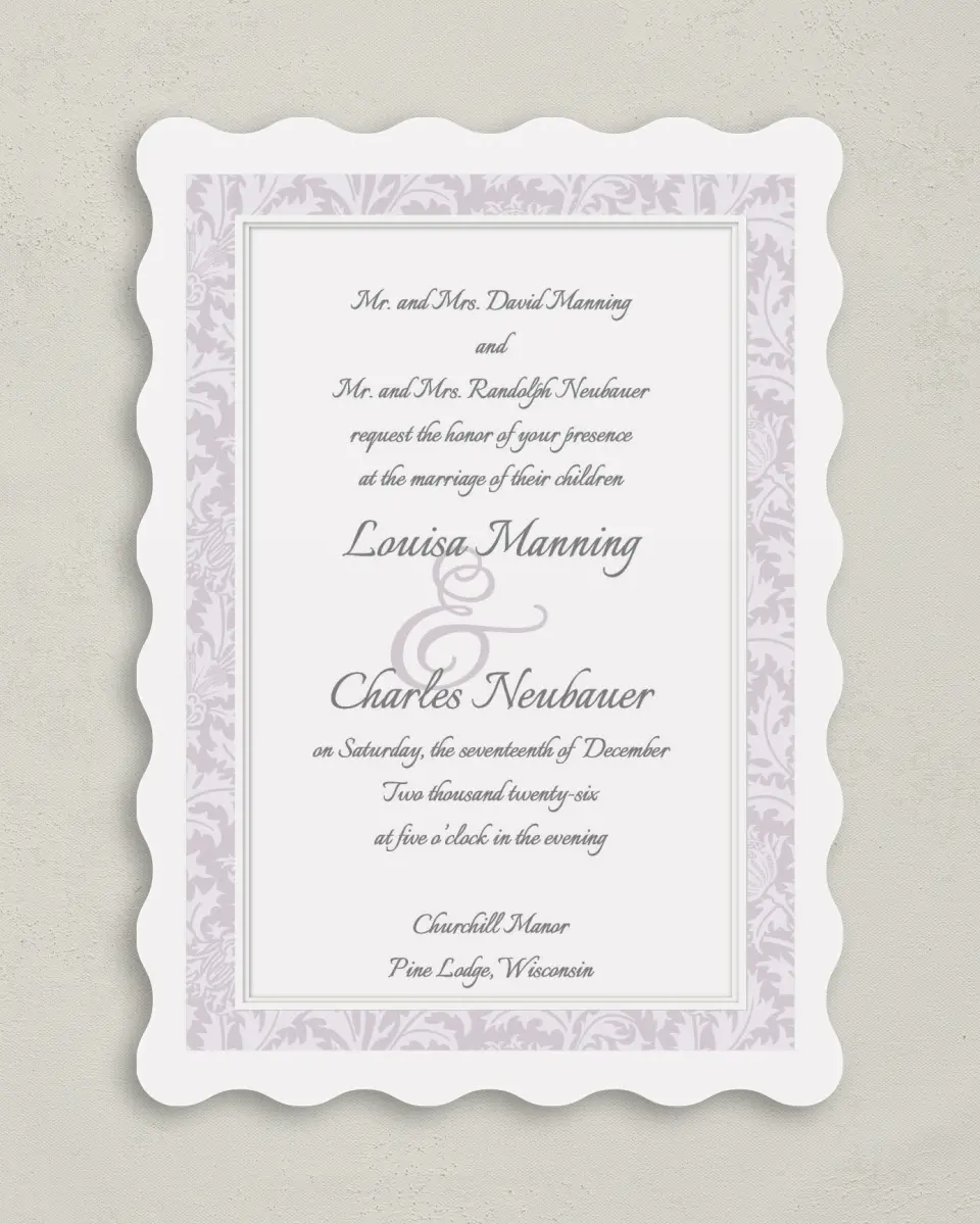 This is a 5" x 7" Wavy Wedding Invitation called Classic Violet printed in full color on Premium Smooth paper