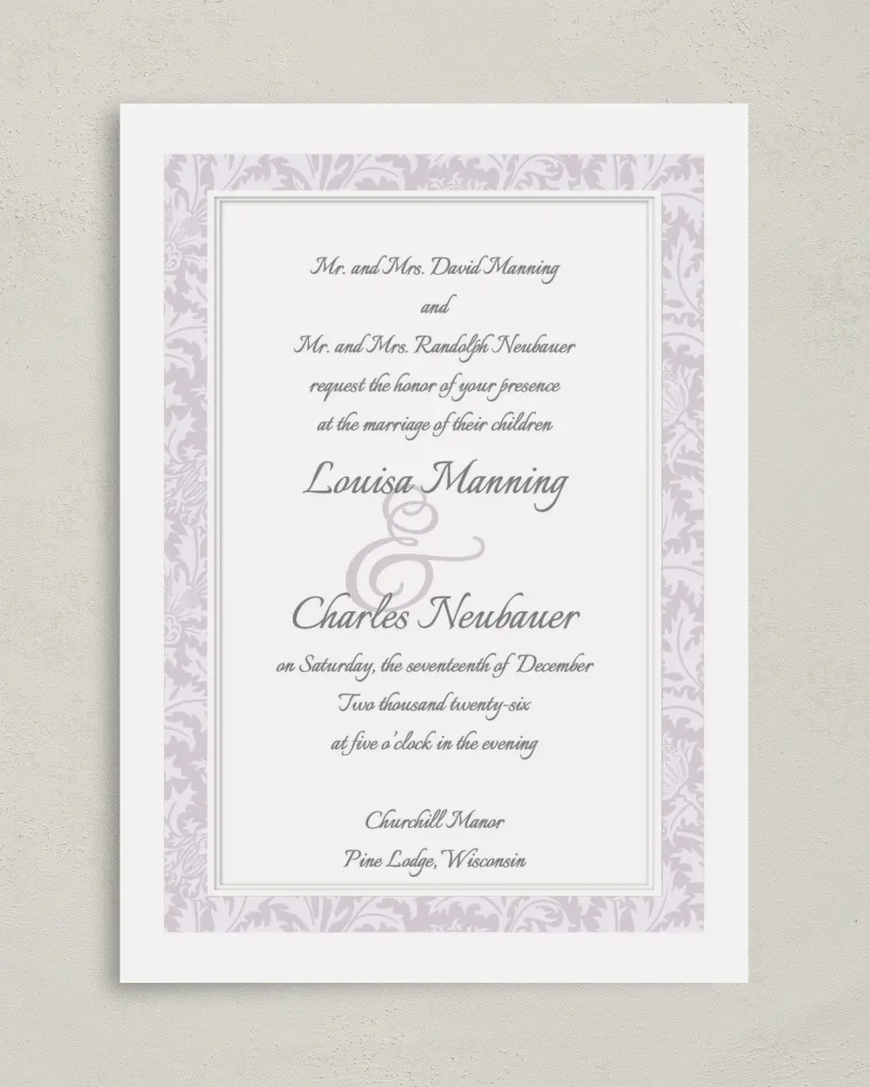 This is a 5" x 7" Classic Wedding Invitation called Classic Violet printed in full color on Premium Smooth paper