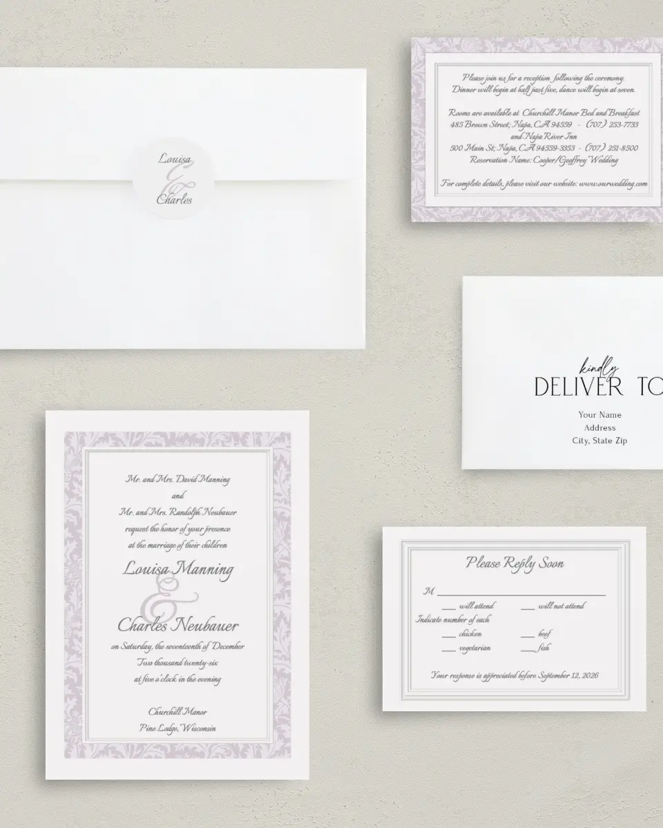 This is a 5" x 7" Classic Wedding Invitation called Classic Violet printed in full color on Premium Smooth paper