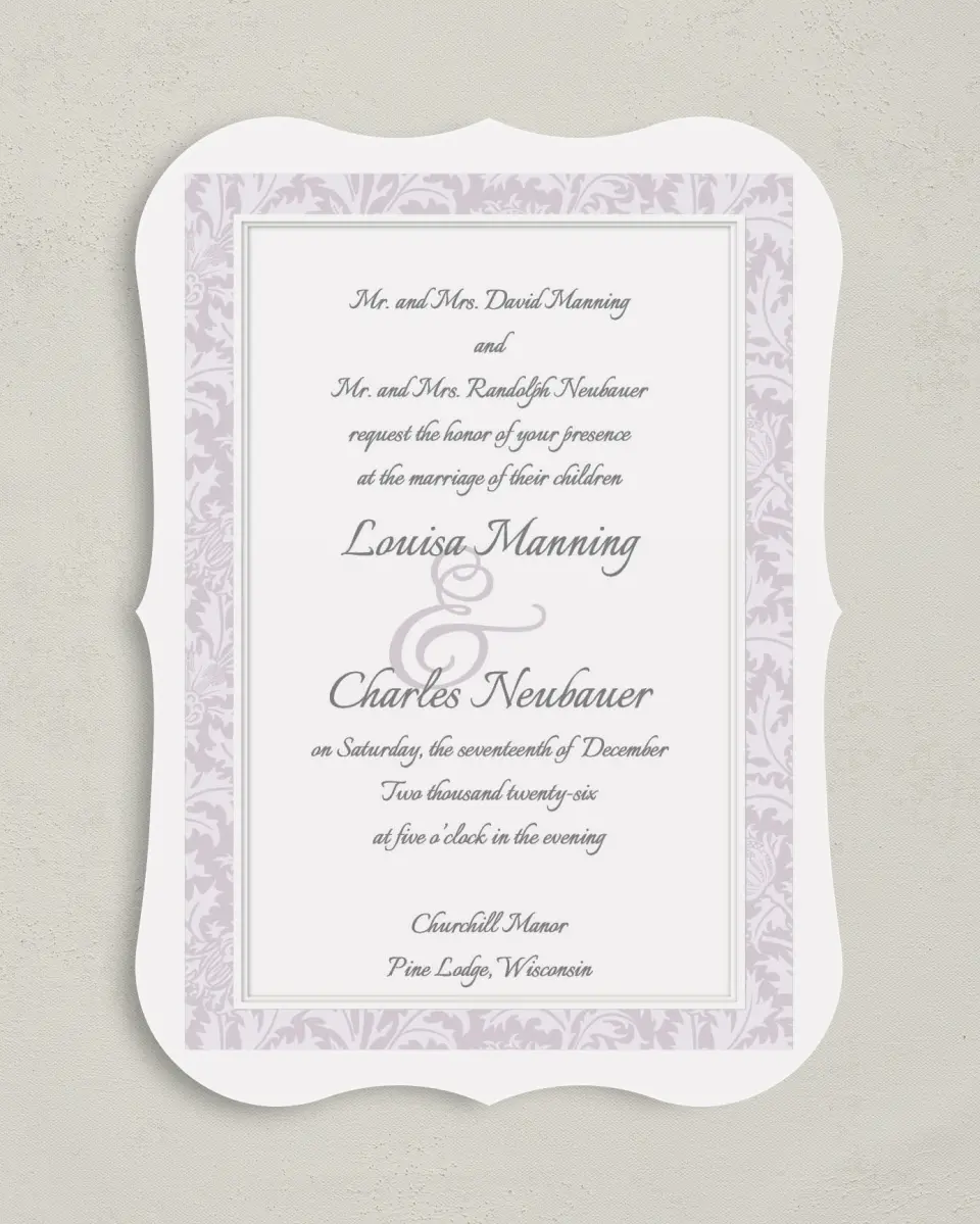 This is a 5" x 7" Bracket Wedding Invitation called Classic Violet printed in full color on Premium Smooth paper