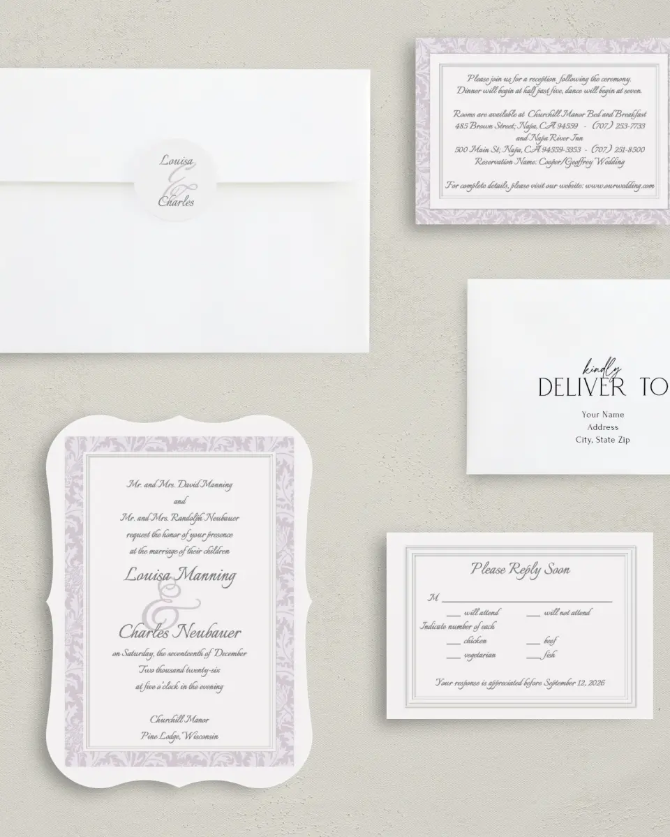 This is a 5" x 7" Bracket Wedding Invitation called Classic Violet printed in full color on Premium Smooth paper