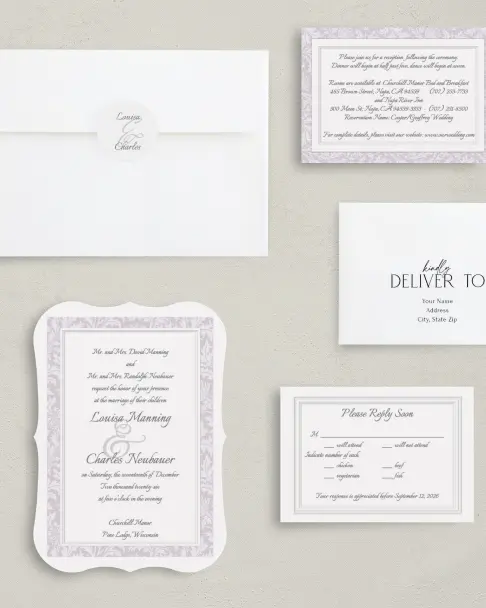 This is a 5" x 7" Bracket Wedding Invitation called Classic Violet printed in full color on Premium Smooth paper