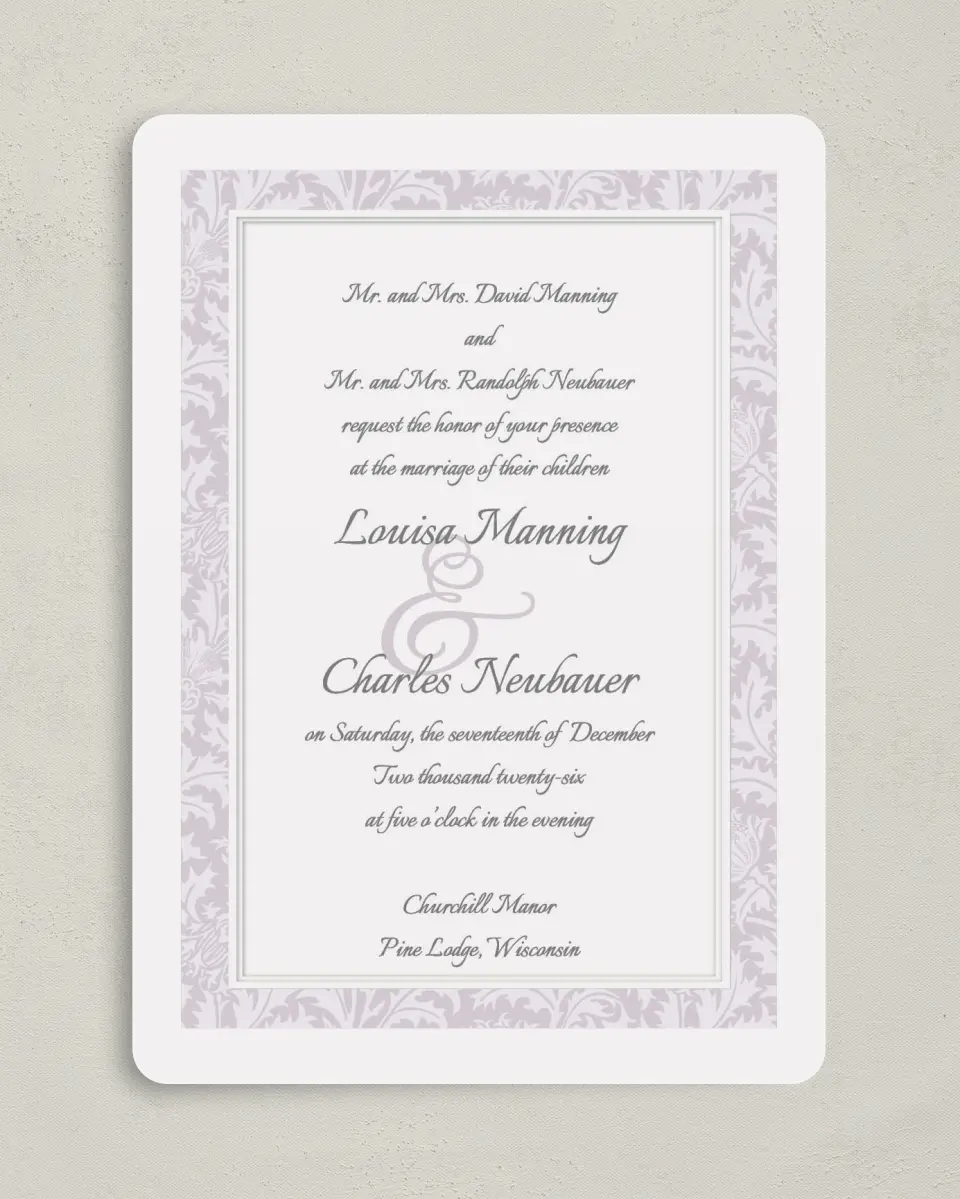 This is a 5" x 7" Rounded Wedding Invitation called Classic Violet printed in full color on Premium Smooth paper