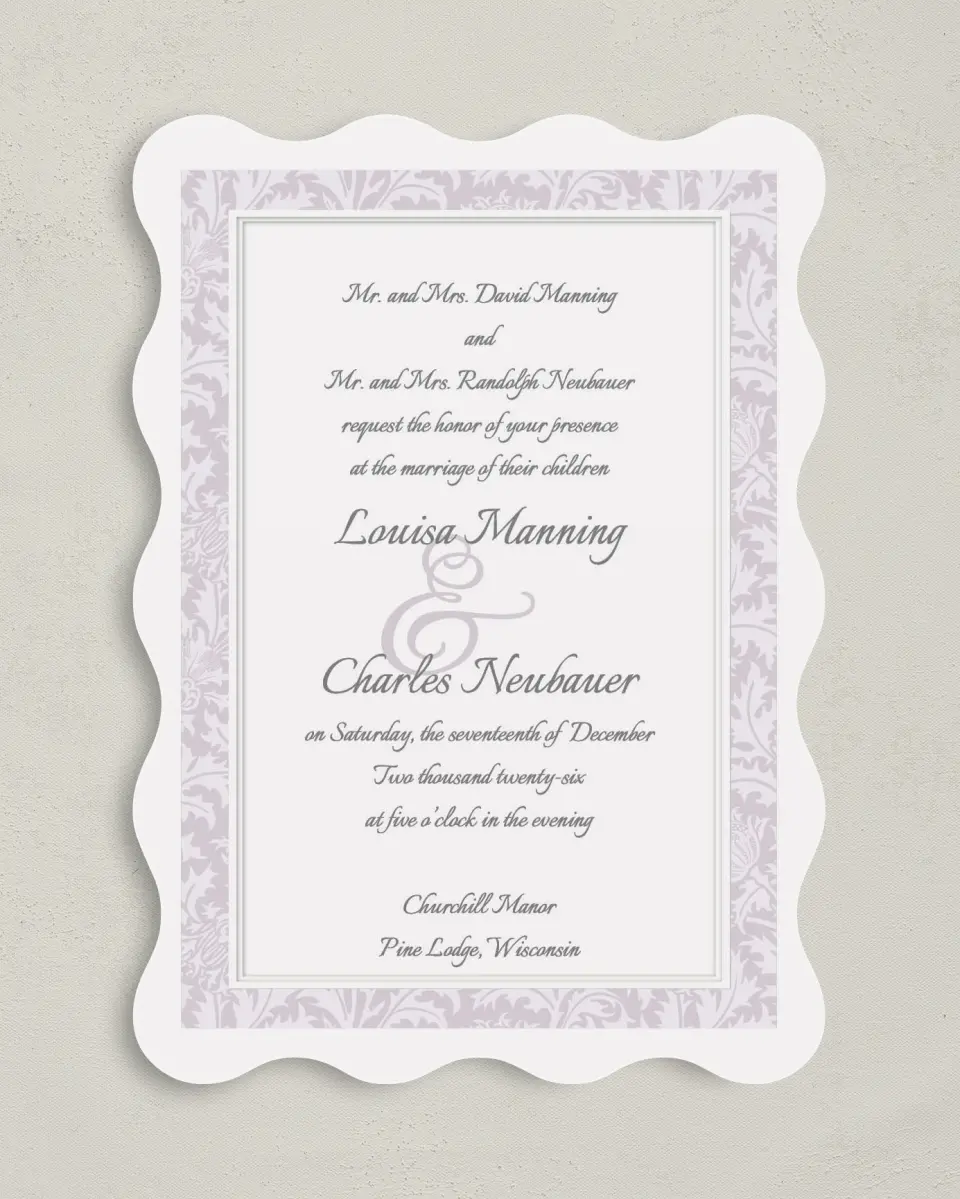 This is a 5" x 7" Wavy Wedding Invitation called Classic Violet printed in full color with Gold foil on Luxe Satin (coated) paper