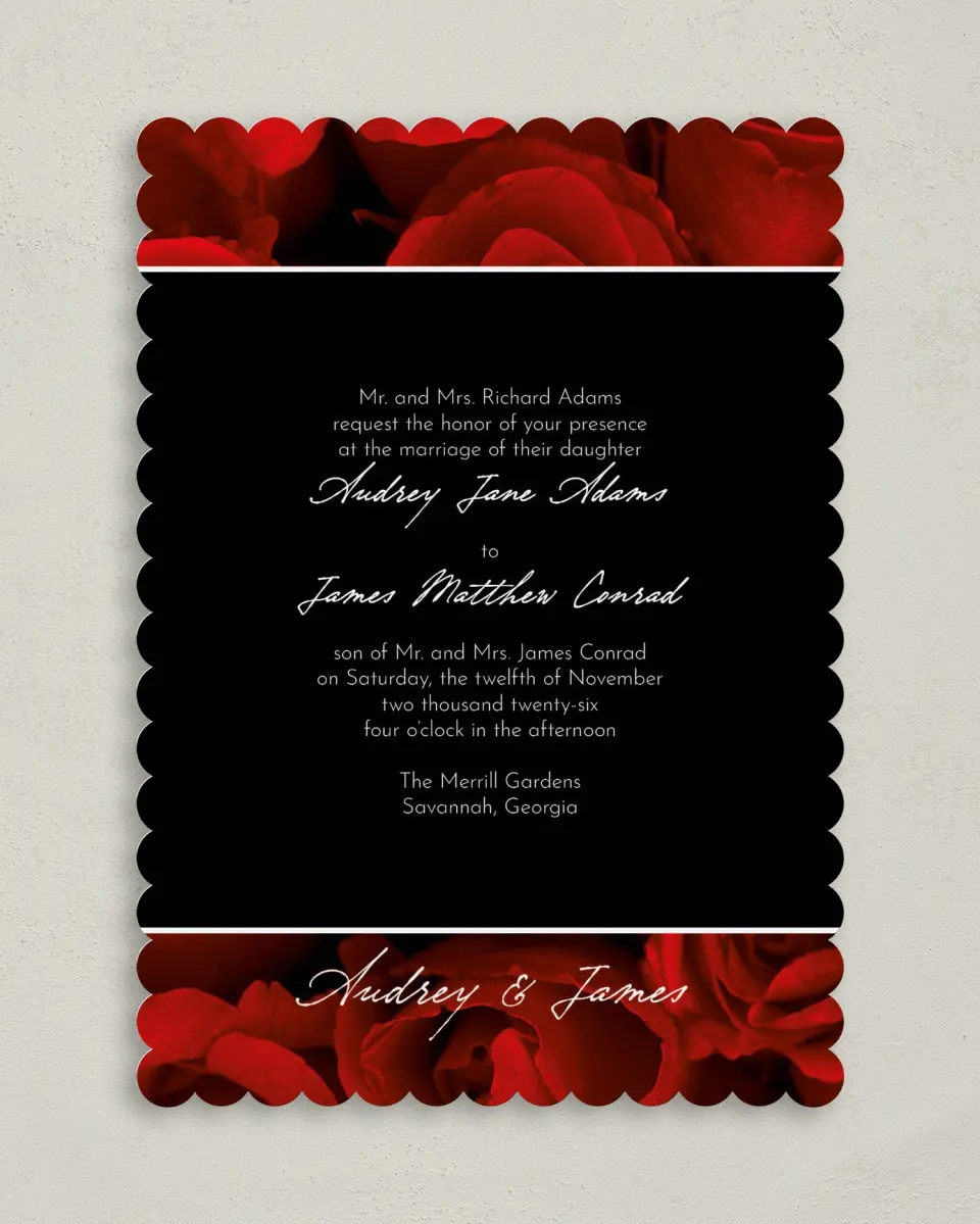 This is a 5" x 7" Classic Wedding Invitation called Dramatic Roses printed in full color on Premium Smooth paper