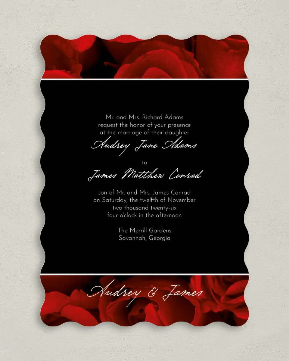 This is a 5" x 7" Wavy Wedding Invitation called Dramatic Roses printed in full color on Premium Smooth paper