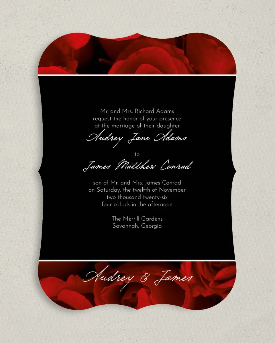 This is a 5" x 7" Bracket Wedding Invitation called Dramatic Roses printed in full color on Premium Smooth paper
