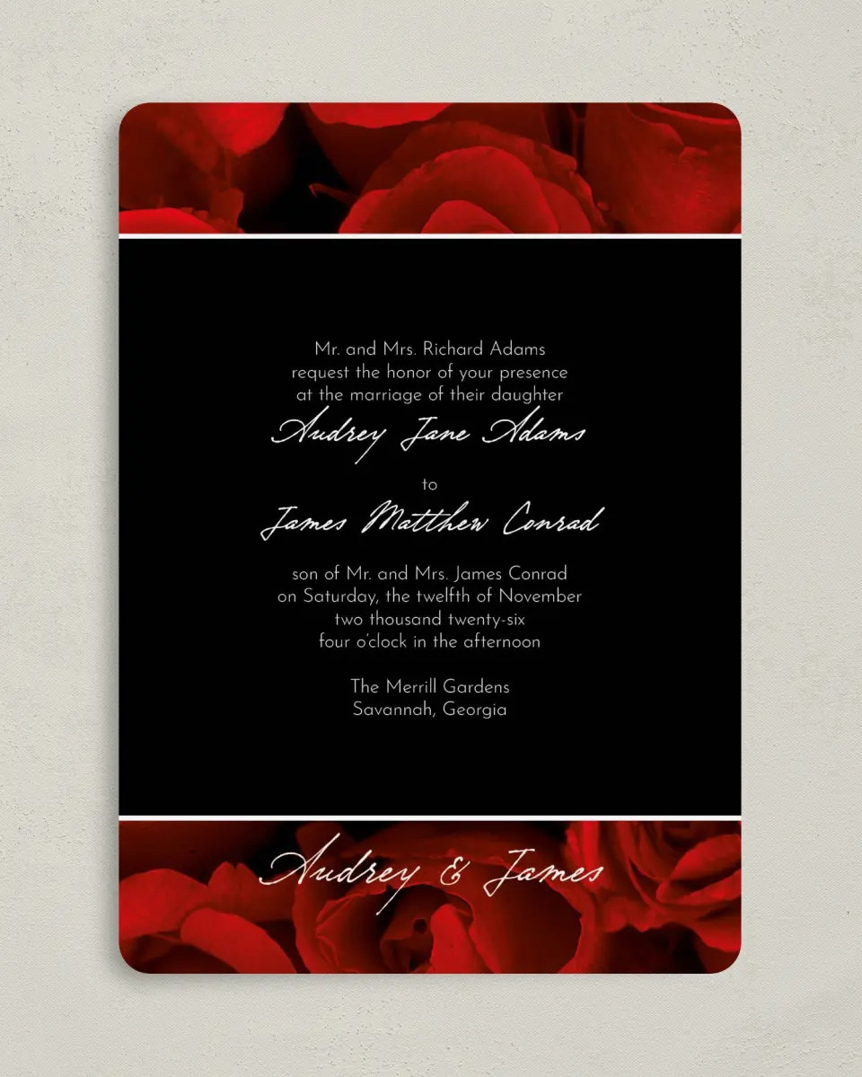 This is a 5" x 7" Rounded Wedding Invitation called Dramatic Roses printed in full color on Premium Smooth paper